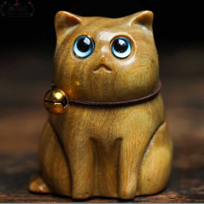 Little Funny Kitten Wood Carved Animals Wooden Cat Ornament