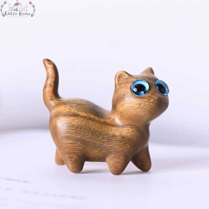 Little Funny Kitten Wood Carved Animals Wooden Cat Ornament