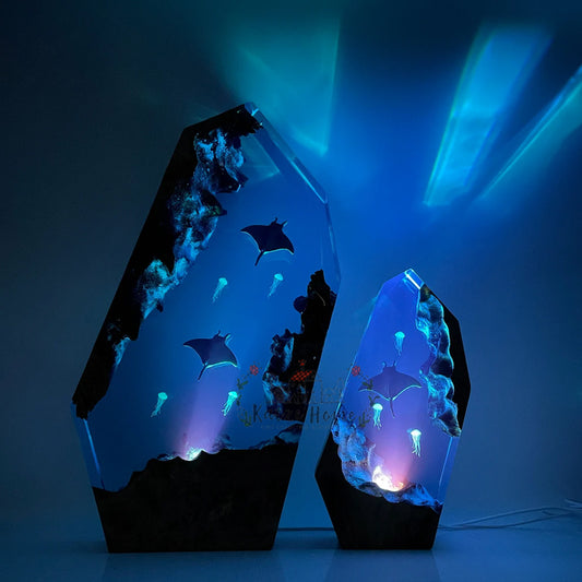 Manta Rays & Jellyfish Ocean Epoxy Resin Wood Lamp