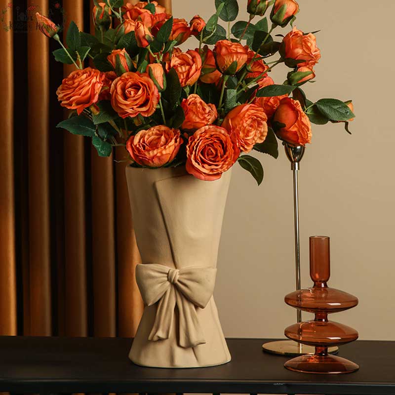 Minimalist Ceramic Book Vase For Flowers with Bowtie