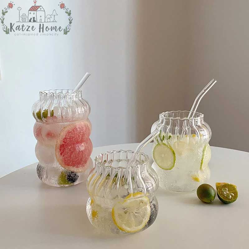 Minimalist Chubby Ribbed Glass Cups with Sustainable Glass Straw