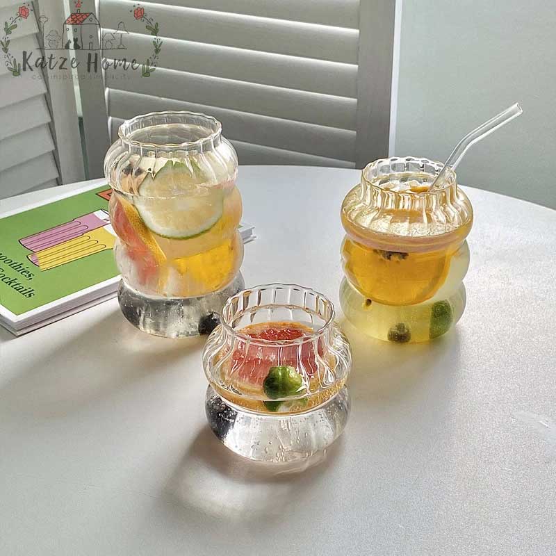 Minimalist Chubby Ribbed Glass Cups with Sustainable Glass Straw