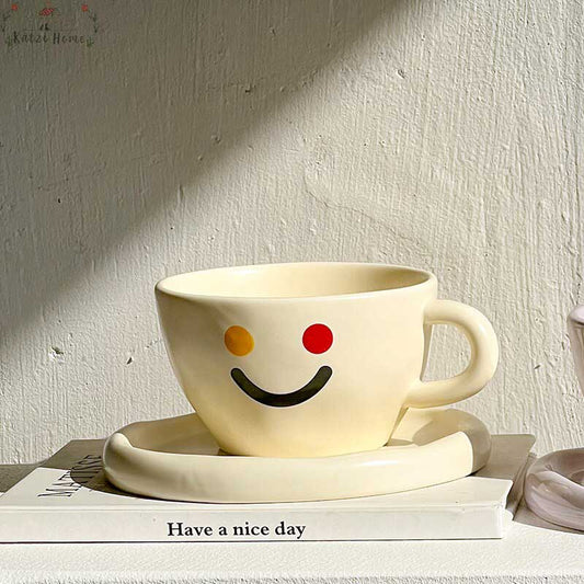 Minimalist Funny Ceramic Smiley Face Mug Saucer Set
