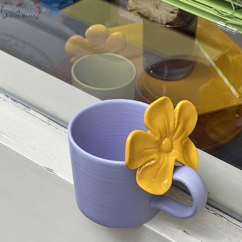 Retro Ceramic Flower Coffee Mugs with Big Flower Handgrid