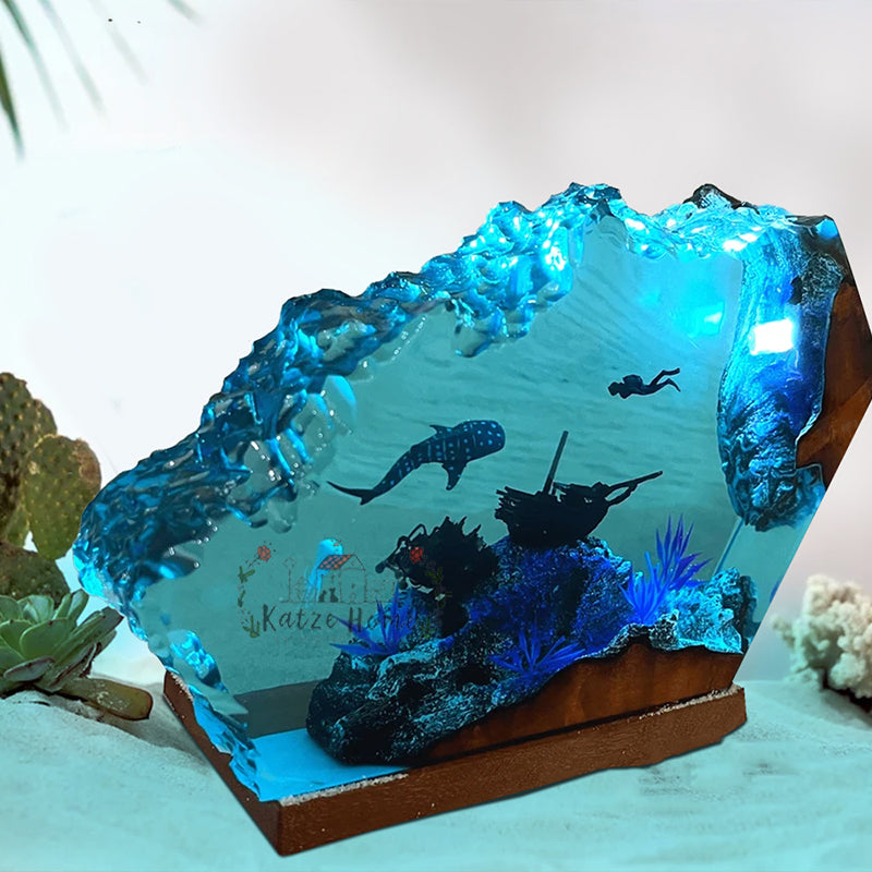 Shark And Diver Exploration Ocean Resin Lamp