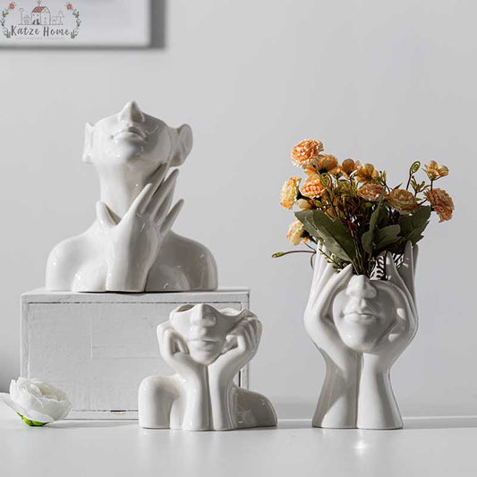 White Ceramic Hands on Face Vase For Pampas
