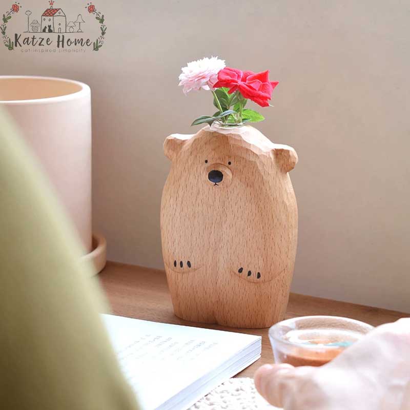 Handcrafted Woodcarving Bear Wooden Animal Vase